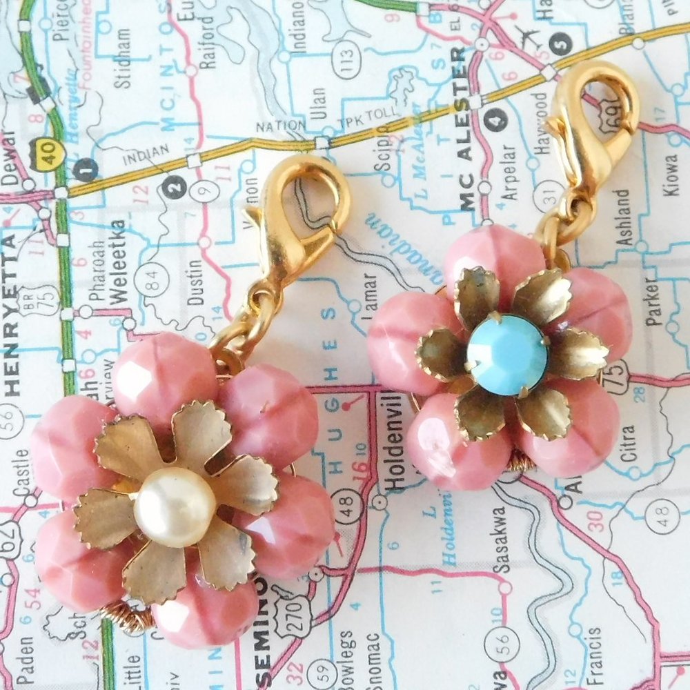 pair of pink beaded flower charms